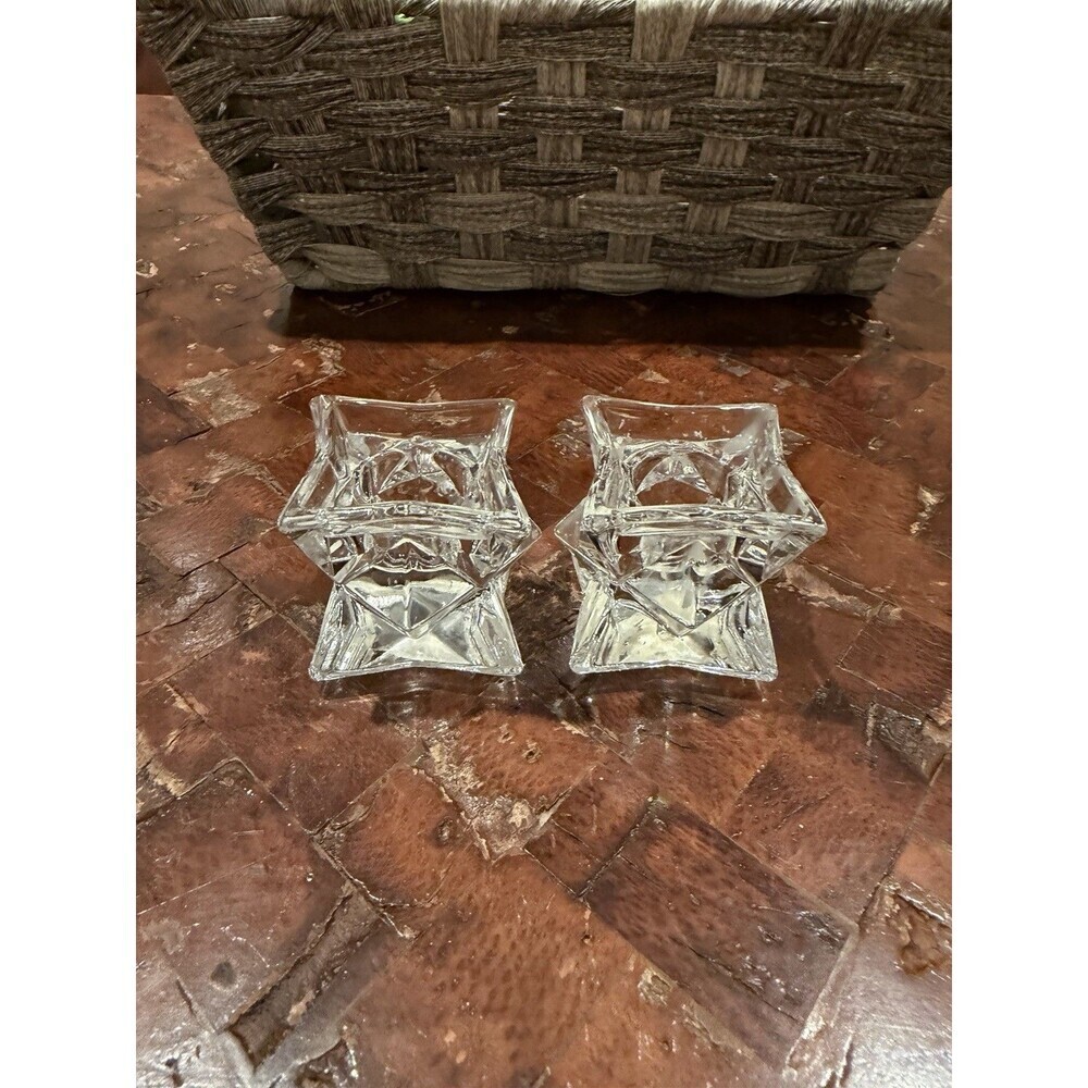 Vintage 24% Leaded Crystal Taper  Candle Holders Double Star USA 1.75 " Tall